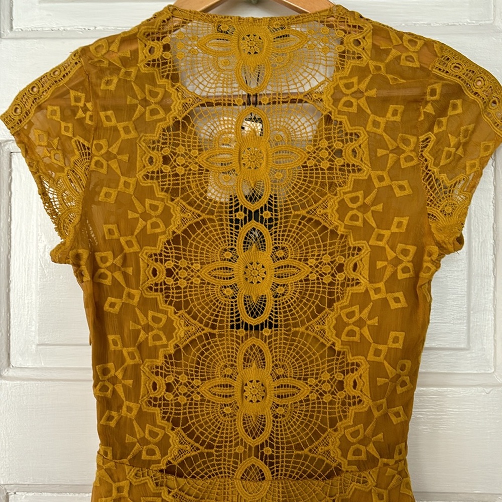 For Love & Lemons Mustard Yellow Crochet-Back Mini Dress